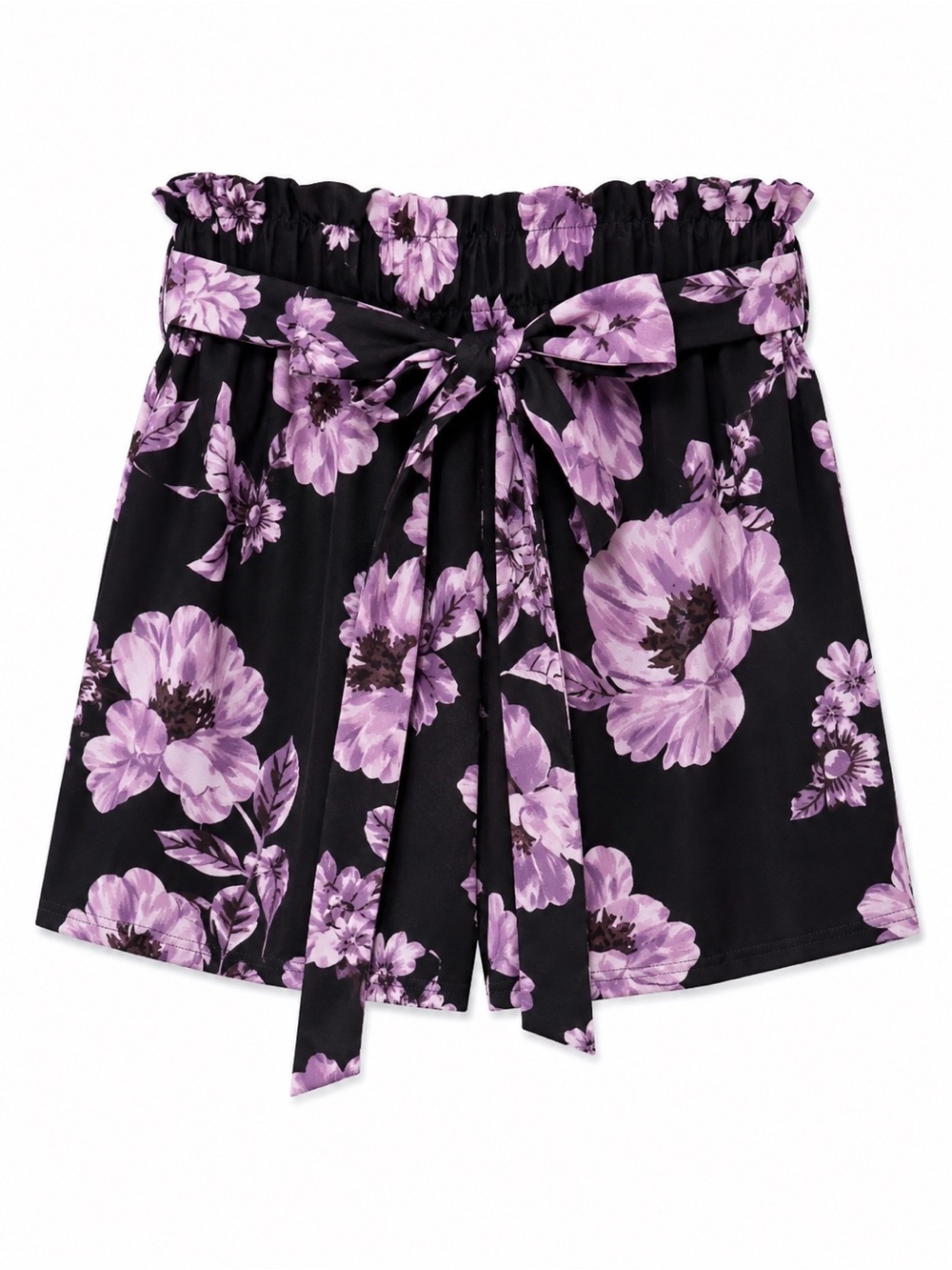 Black Floral Paperbag Waist Women’s Shorts with Tie and lilac shirt set